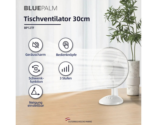 Weißer BluePalm Tischventilator mit 30 cm Durchmesser auf einem Tisch, daneben eine Pflanze.