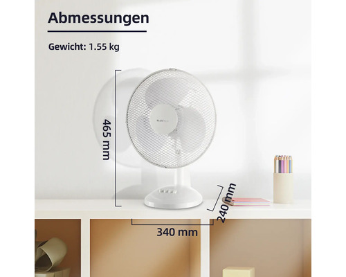 Tischventilator mit Abmessungsangaben