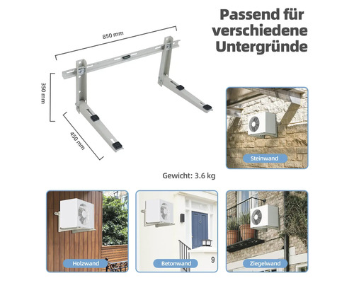 Klimaanlagenhalterung mit Maßangaben und Beispielen für verschiedene Montageflächen