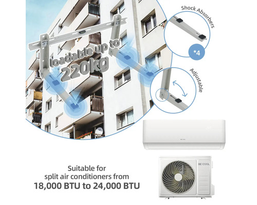 Klimaanlagenhalterung zur Außenmontage geeignet für Split-Klimaanlagen von 18000 BTU bis 24000 BTU, belastbar bis 220 kg, mit Stoßdämpfern und Einstellfunktion.