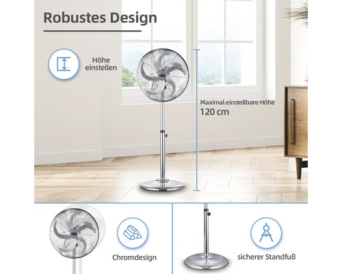 Chromfarbener Standventilator mit einer maximal einstellbaren Höhe von 120 Zentimetern.