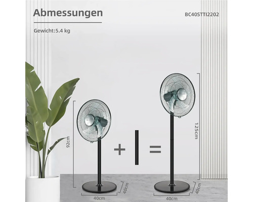 Abbildung eines Standventilators mit Angabe der Maße