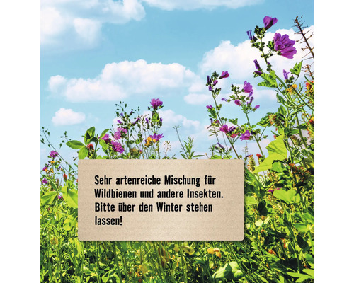 Blütenwiese mit Schild: Sehr artenreiche Mischung für Wildbienen und andere Insekten. Bitte über den Winter stehen lassen!