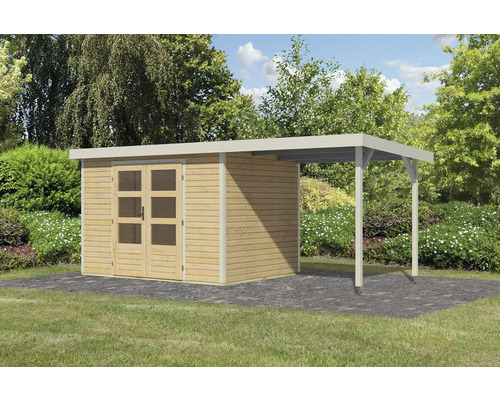 Holzgartenhaus mit Doppeltür und Carport-Anbau