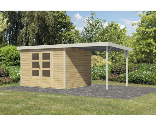 Holzgartenhaus mit überdachtem Anbau im Garten