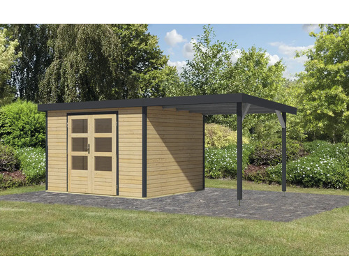 Gartenhaus aus Holz mit Doppeltür und überdachter Terrasse