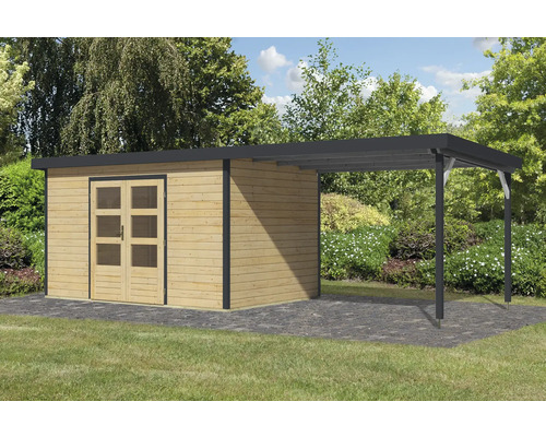 Holzgartenhaus mit Überdachung im Außenbereich