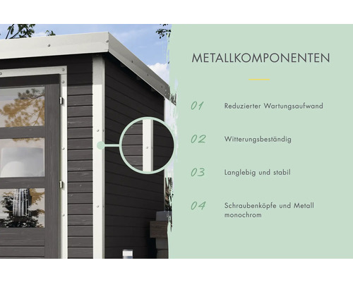 Detailansicht eines Gartenhauses mit hervorgehobenen Metallkomponenten und zugehöriger Beschreibung
