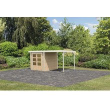 Gartenhaus mit Anbau vor Gartenkulisse