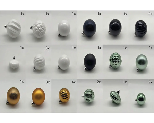 Verschiedene Christbaumkugeln aus Kunststoff in unterschiedlichen Farben und Designs