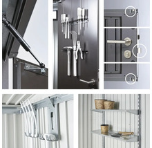 Details zur Gerätehaus-Innenausstattung: Türschließer, Werkzeughalter, Türschloss, Gerätehalter, Regal