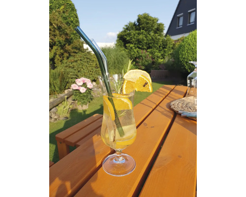 Erfrischungsgetränk mit Glasstrohhalm und Zitronenscheiben auf einem Gartentisch.