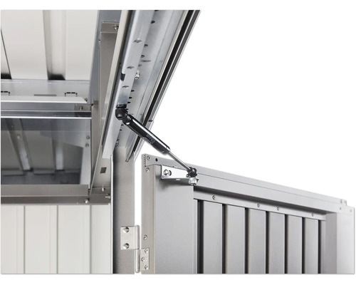 Detailansicht Gasdruckfeder an einem Gerätehaus