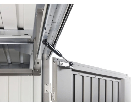 Detailansicht einer Gerätebox mit Gasdruckfeder zur Deckelunterstützung