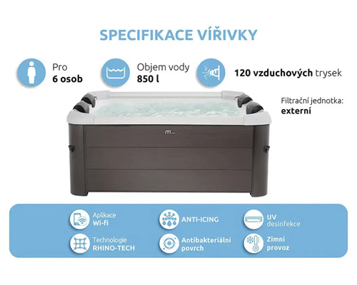 Whirlpool Spezifikationen: geeignet für sechs Personen, 850 Liter Wasservolumen, 120 Luftdüsen, externes Filtersystem, WLAN-App, Rhino-Tech Technologie, Frostschutz, antibakterielle Oberfläche, UV-Desinfektion, Winterbetrieb.