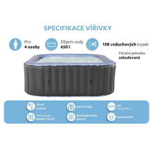 Aufblasbarer Whirlpool für vier Personen mit 650 Litern Fassungsvermögen, 108 Luftdüsen, eingebauter Filteranlage, Winterbetrieb, Anti-Icing-Funktion, UV Desinfektion, Rhino-Tech Technologie, antibakterielle Oberfläche und Selbstreinigung.