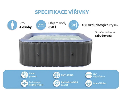 Aufblasbarer Whirlpool für vier Personen mit 650 Litern Fassungsvermögen, 108 Luftdüsen, eingebauter Filteranlage, Winterbetrieb, Anti-Icing-Funktion, UV Desinfektion, Rhino-Tech Technologie, antibakterielle Oberfläche und Selbstreinigung.
