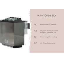 9 Kilowatt Saunaofen Bio mit Steinen und Edelstahl Außenmantel