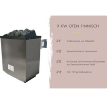 Finnischer Saunaofen mit 9 Kilowatt Leistung und Diabassteinen