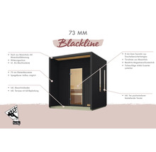 Karibu Blackline Sauna mit Massivholzdach, Mineralwolldämmung, Wetterschutz, Aluminiumabschlussleiste, 73 Millimeter Elementbauweise, Massivholzboden, Terrasse und 8 Millimeter klarer Saunatür aus Einscheibensicherheitsglas