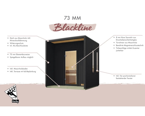 Karibu Blackline Sauna mit Massivholzdach, Mineralwolldämmung, Wetterschutz, Aluminiumabschlussleiste, 73 Millimeter Elementbauweise, Massivholzboden, Terrasse und 8 Millimeter klarer Saunatür aus Einscheibensicherheitsglas