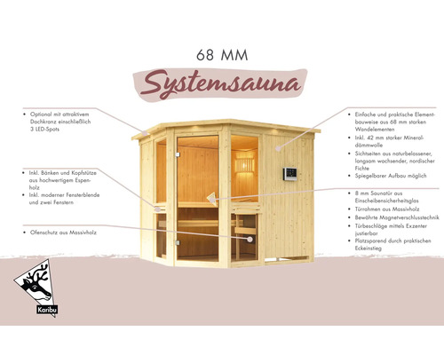 68 Millimeter Systemsauna aus Holz mit Glaselementen