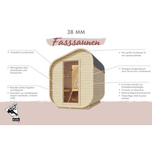 Fasssauna aus Holz mit Glastür und technischen Details