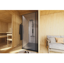 Innenansicht eines Badezimmers mit Dusche, Sauna und Sitzgelegenheit
