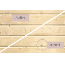 Holzwandstruktur mit Markierung für Innen- und Außenbereich