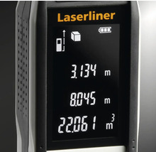 Laserliner Logo. Nahaufnahme eines Laser-Entfernungsmessers mit digitaler Anzeige von Messergebnissen.