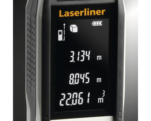Laserliner Logo. Nahaufnahme eines Laser-Entfernungsmessers mit digitaler Anzeige von Messergebnissen.