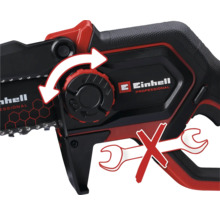 Einhand-Kettensäge von Einhell Professional mit Pfeil, der die werkzeuglose Kettenspannung zeigt, und Symbol, das darauf hinweist, dass kein Werkzeug benötigt wird