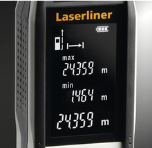 Laserliner Logo. Nahaufnahme eines Laser-Entfernungsmessgeräts mit digitaler Anzeige von Entfernungsdaten.