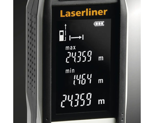 Laserliner Logo. Nahaufnahme eines Laser-Entfernungsmessgeräts mit digitaler Anzeige von Entfernungsdaten.