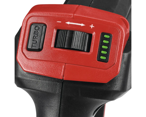 Detailansicht einer Bohrmaschine mit Turbotaste, Drehzahleinstellung und Ladezustandsanzeige