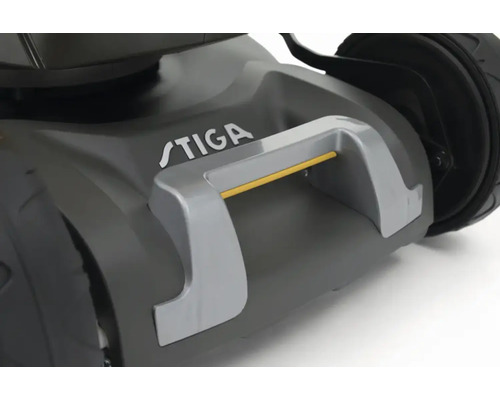 Detailansicht eines Rasenmähers mit STIGA Logo und Tragegriff