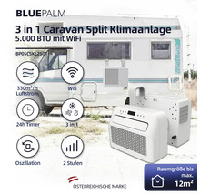 Blue Palm 3-in-1 Caravan Split Klimaanlage mit 5000 BTU und WLAN vor einem Wohnwagen.