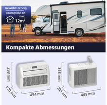 Illustration einer Klimaanlage mit Gewichtsangabe, Raumgröße und kompakten Abmessungen