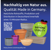 Verschiedene Pflanzgefäße mit dem Hinweis Nachhaltig von Natur aus. Qualität Made in Germany.