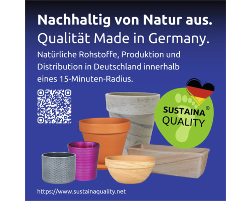 Verschiedene Pflanzgefäße mit dem Sustaina Quality Siegel