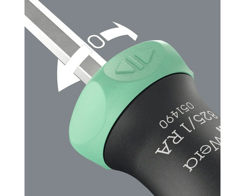 Detailansicht eines Schraubendrehers mit Ratschenfunktion und Pfeilmarkierung