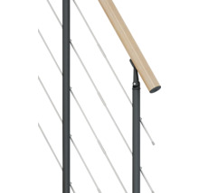 Detailansicht eines Geländers mit Holzhandlauf und Stahlseilen