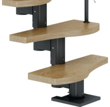 Detailansicht einer Spindeltreppe mit Holzstufen und Metallstruktur
