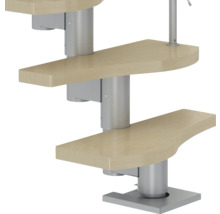 Detailaufnahme einer Spindeltreppe mit Holzstufen und Metallgeländer
