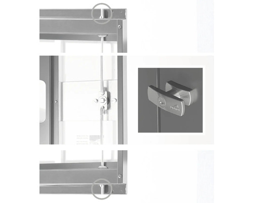 Detailansicht eines Metallschranks mit Griff und Verriegelungsmechanismus