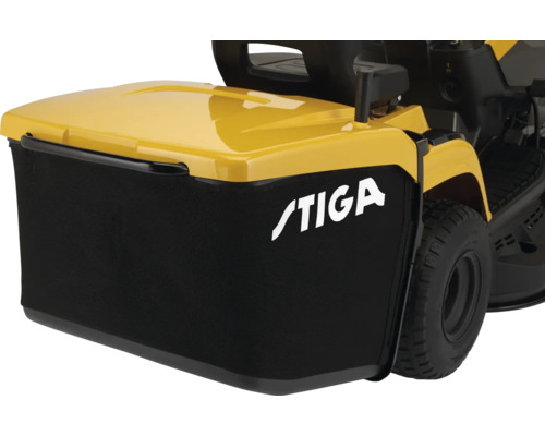 Grasfangkorb eines Aufsitzmähers mit Stiga Logo