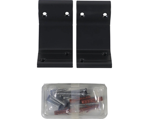 Zwei schwarze Winkel mit Schrauben und Dübeln