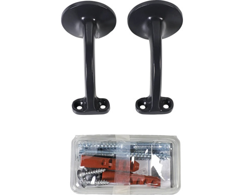 Zwei Handlaufhalterungen aus Metall mit Befestigungsmaterial