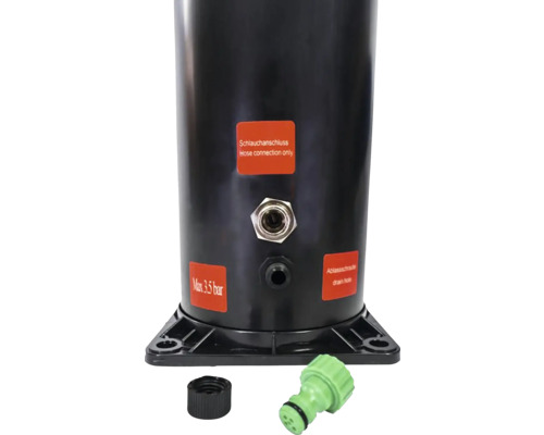 Druckbehälter mit Schlauchanschluss, Ablassschraube und maximal 3,5 bar Druck