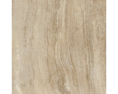 Nahaufnahme einer beigen Travertinfliese mit Maserung